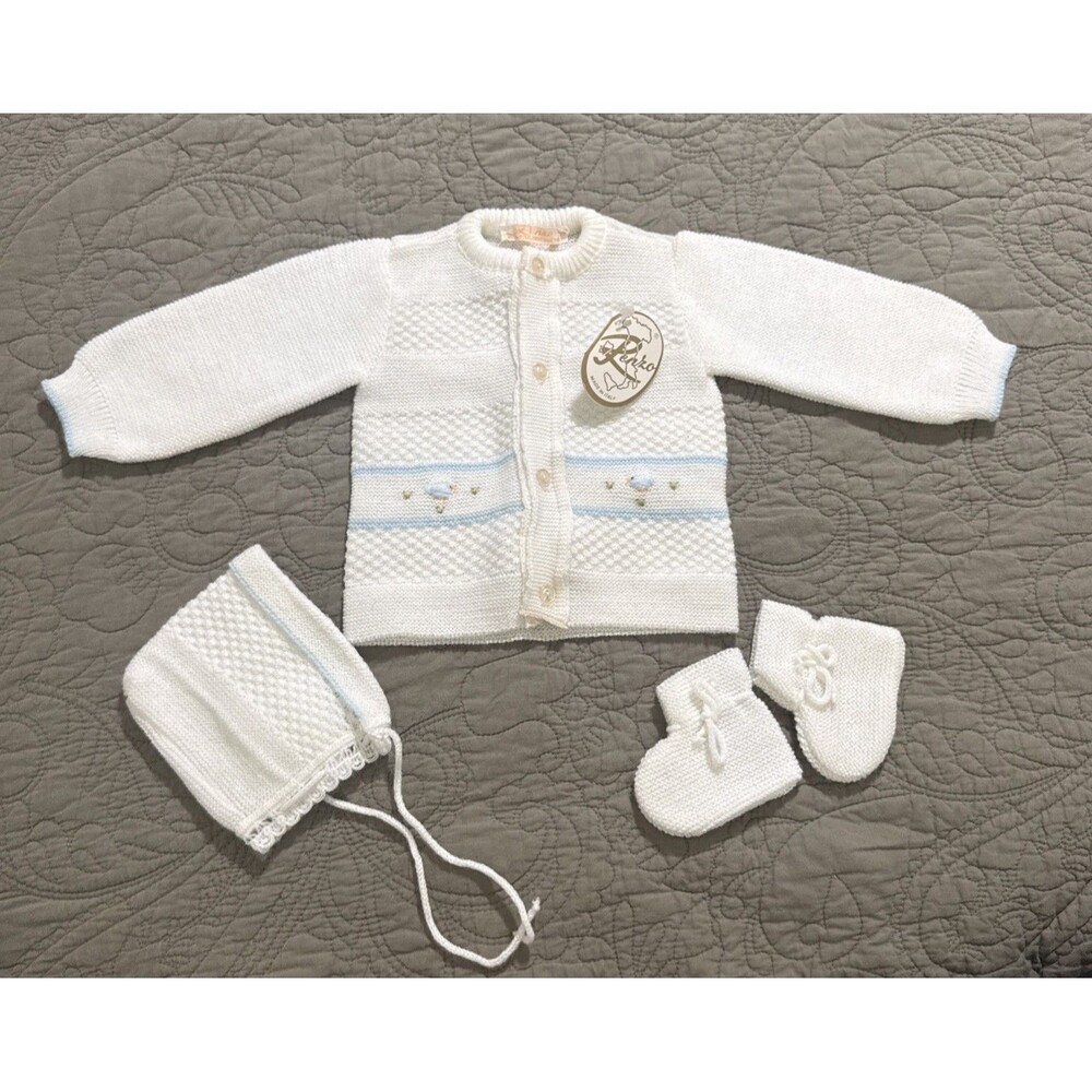 Renzo Vtg Baby Boys Knit Cardigan Hat Booties Set Sz R (NB) NWT